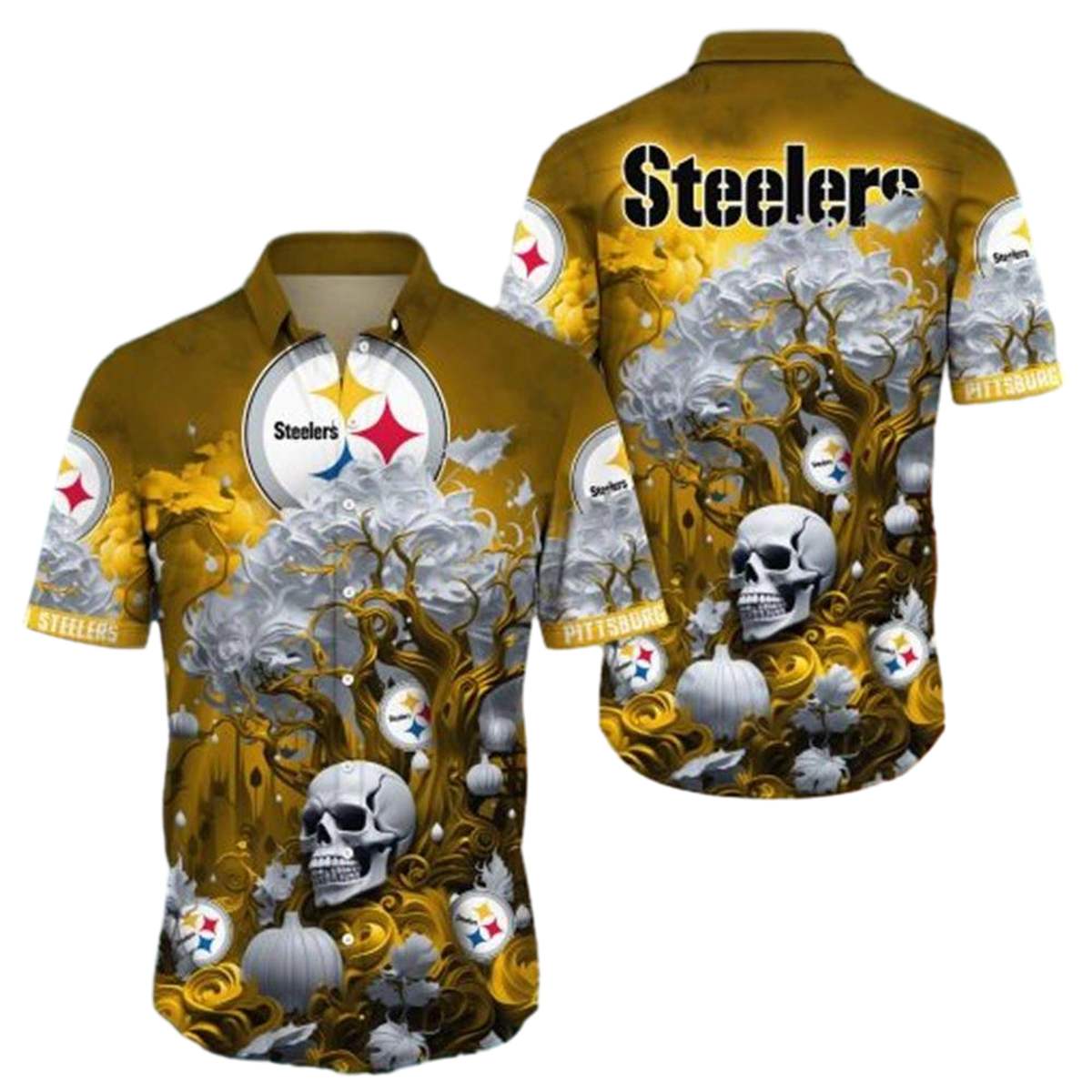 Pittsburgh Steelers Logo And Halloween Skull Pumpkin Hawaiian Shirt - Moonbestprint