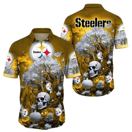 Pittsburgh Steelers Logo And Halloween Skull Pumpkin Hawaiian Shirt - Moonbestprint