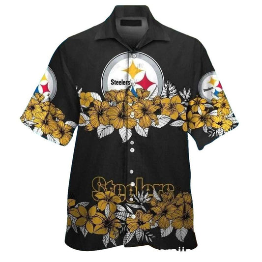 Pittsburgh Steelers Logo And Hibiscus Black Hawaiian Shirt - Moonbestprint
