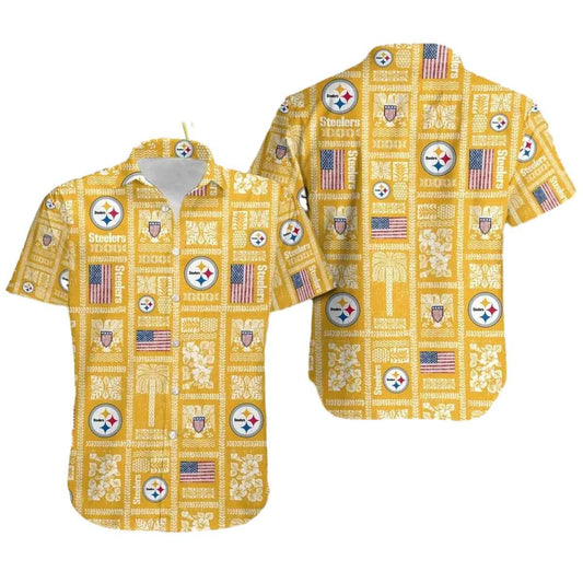 Pittsburgh Steelers Logo And Us Flag Retro Yellow Hawaiian Shirt - Moonbestprint