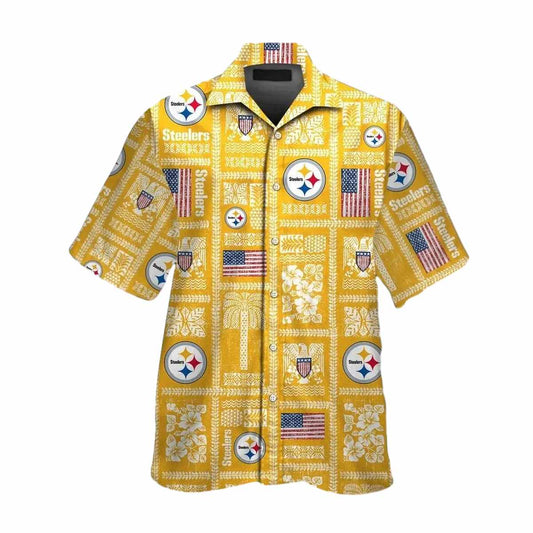 Pittsburgh Steelers Logo And Us Flag Retro Yellow Hawaiian Shirt - Moonbestprint
