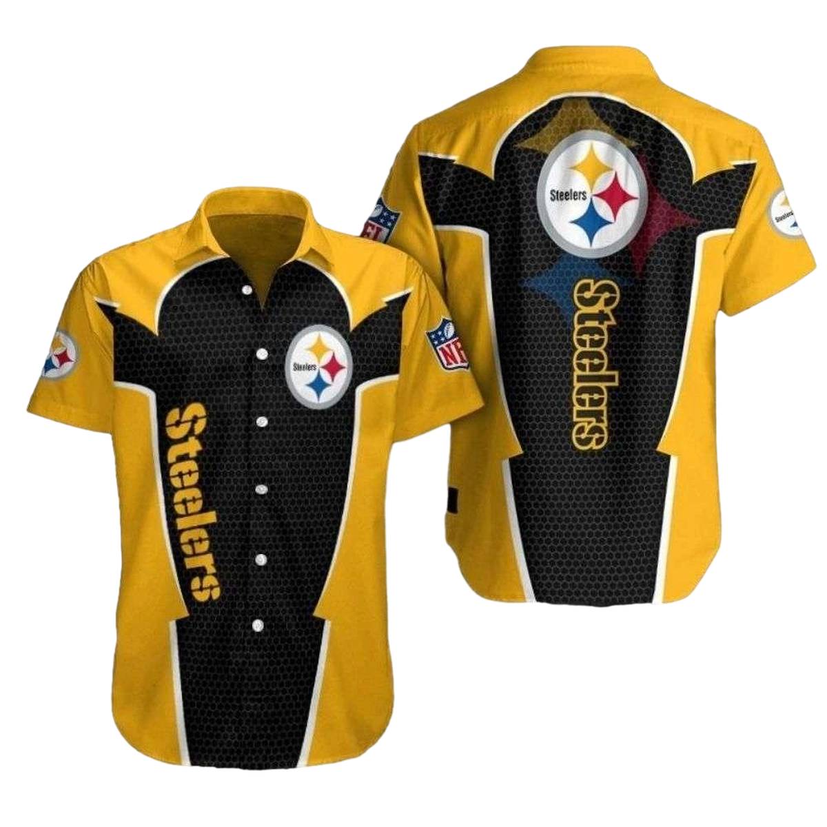 Pittsburgh Steelers Logo Black And Yellow Halftone Pattern Hawaiian Shirt - Moonbestprint