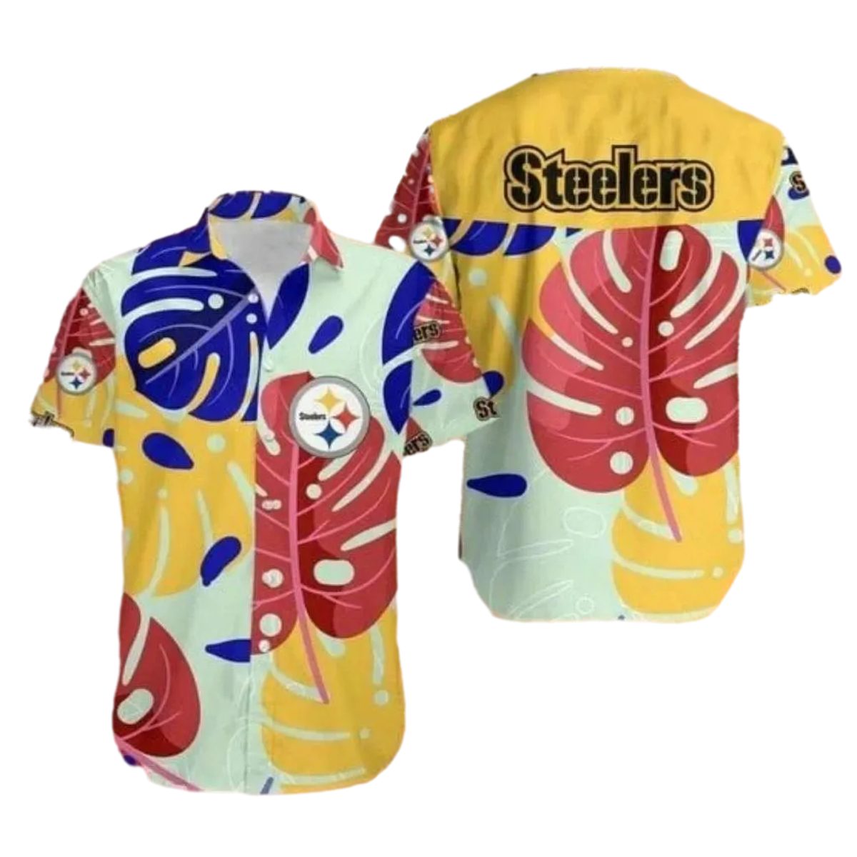 Pittsburgh Steelers Logo Colorful Tropical Leaf Pattern Hawaiian Shirt - Moonbestprint