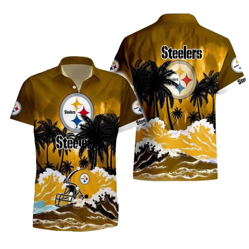 Pittsburgh Steelers Logo Helmet Wave Sunset Hawaiian Shirt - Moonbestprint