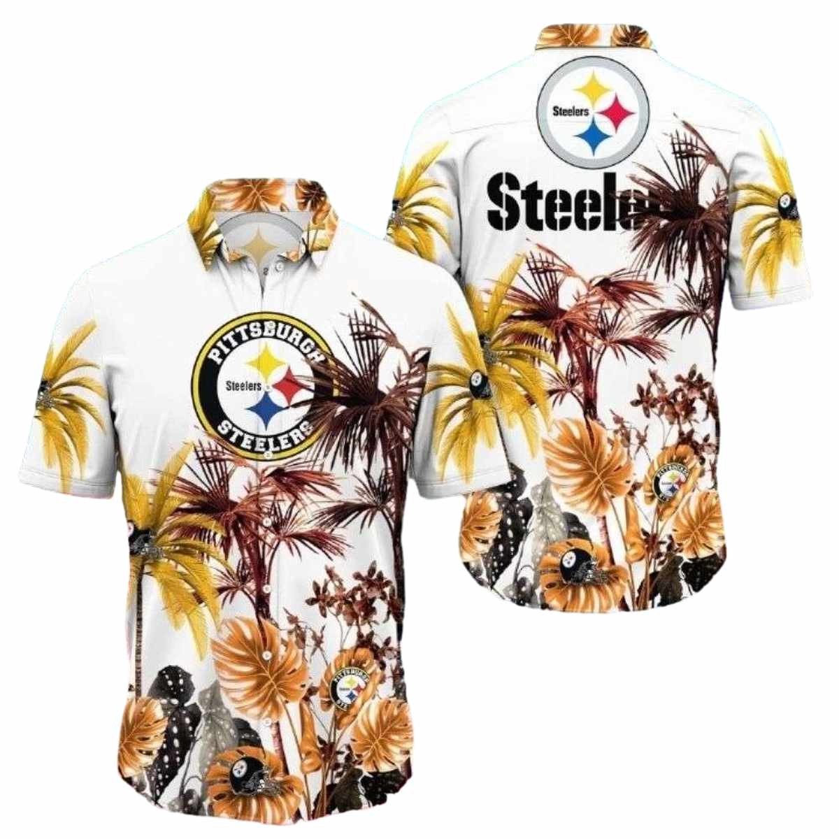 Pittsburgh Steelers Logo White Palm Leaves Hawaiian Shirt - Moonbestprint