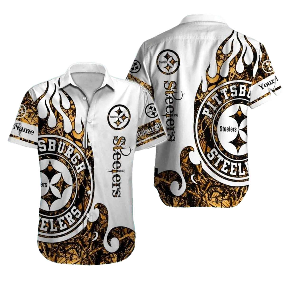 Pittsburgh Steelers Logo White Tribal Fire Design Hawaiian Shirt - Moonbestprint