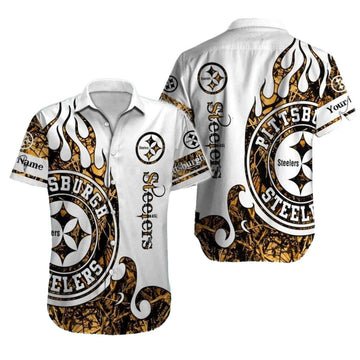 Pittsburgh Steelers Logo White Tribal Fire Design Hawaiian Shirt - Moonbestprint
