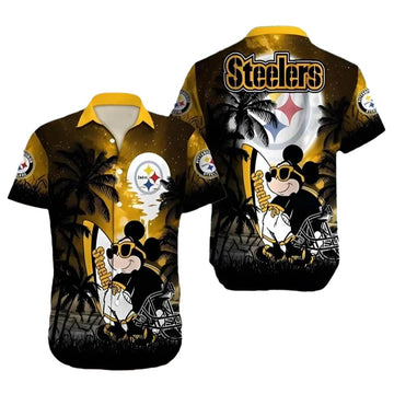 Pittsburgh Steelers Mickey And Surfboard Coconut Tree Hawaiian Shirt - Moonbestprint