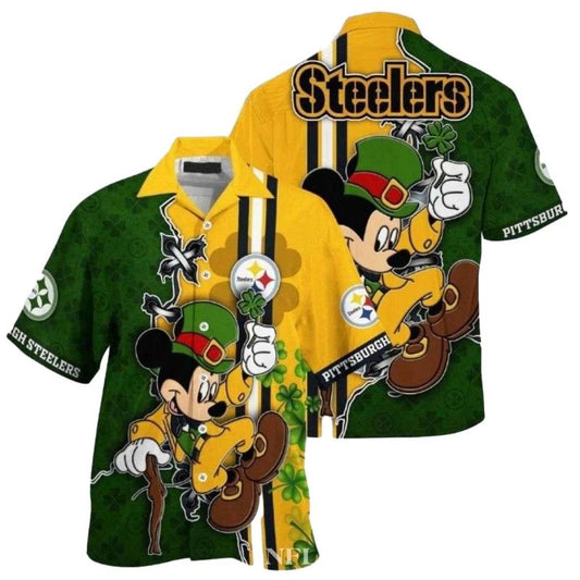 Pittsburgh Steelers Mickey Lucky Charm Green And Gold Hawaiian Shirt - Moonbestprint