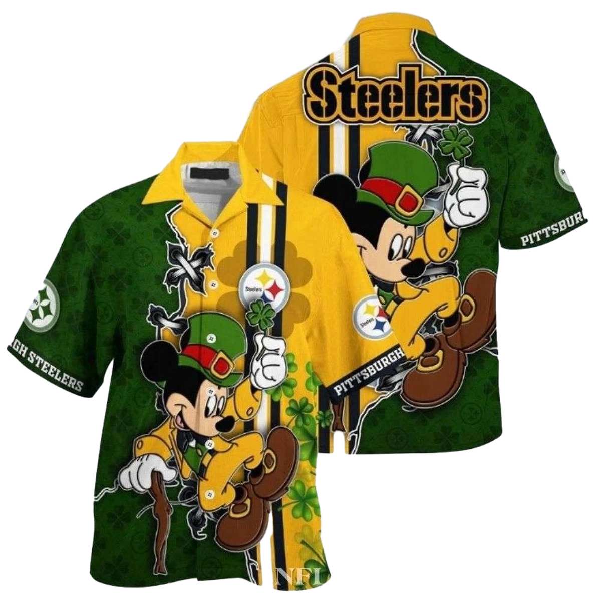 Pittsburgh Steelers Mickey Lucky Charm Green And Gold Hawaiian Shirt - Moonbestprint