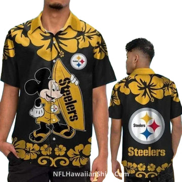 Pittsburgh Steelers Mickey Mouse Surfing Hibiscus Black And Yellow Hawaiian Shirt - Moonbestprint