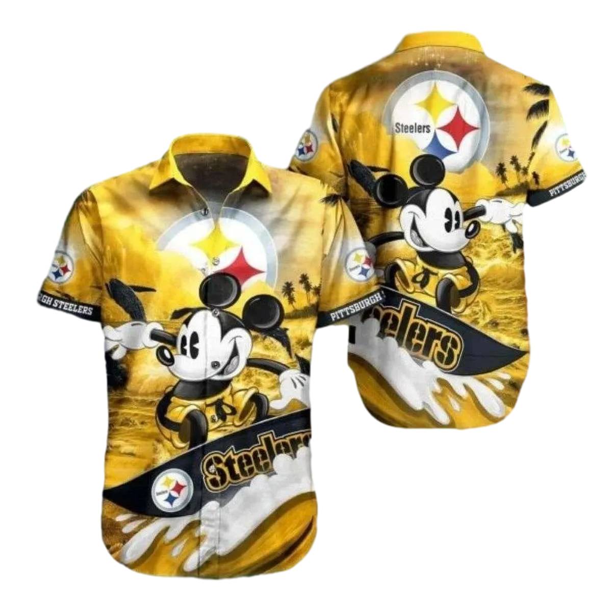 Pittsburgh Steelers Mickey Surfing Sunset Pattern Hawaiian Shirt - Moonbestprint