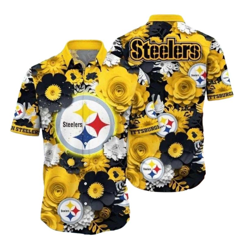 Pittsburgh Steelers Midnight Floral Badge Hawaiian Shirt - Moonbestprint