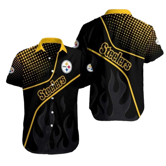 Pittsburgh Steelers Night Flame Black And Gold Fire Pattern Hawaiian Shirt - Moonbestprint