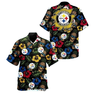Pittsburgh Steelers Pineapple Skull And Floral Hawaiian Shirt - Moonbestprint