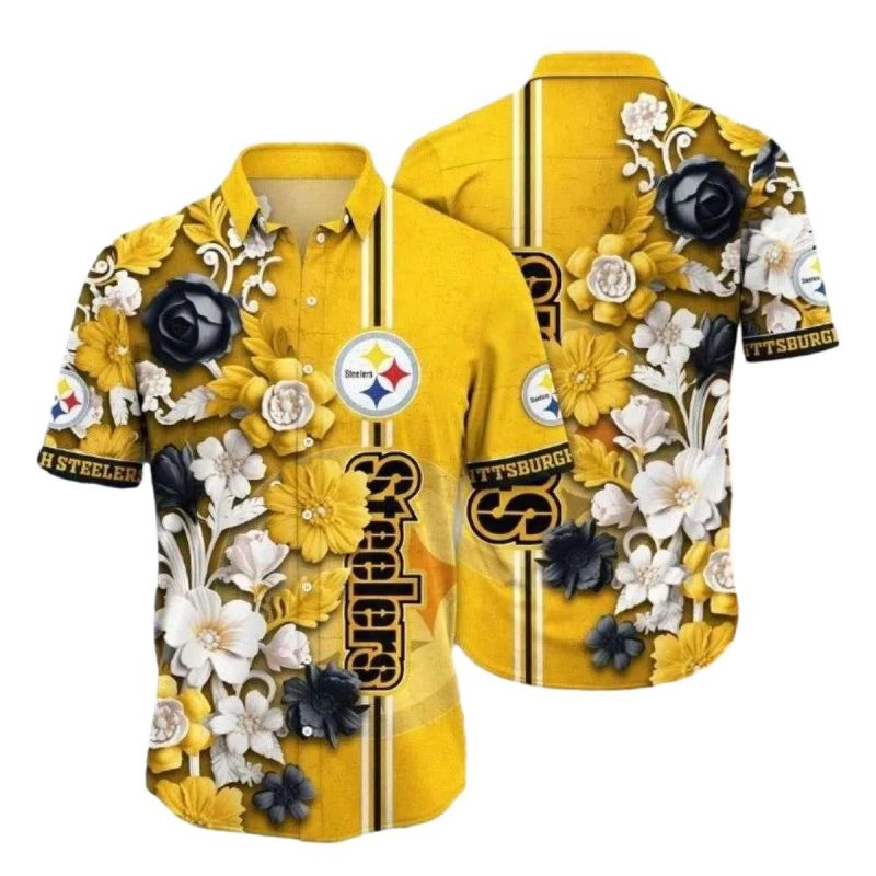 Pittsburgh Steelers Pride Yellow Floral Emblem Hawaiian Shirt - Moonbestprint