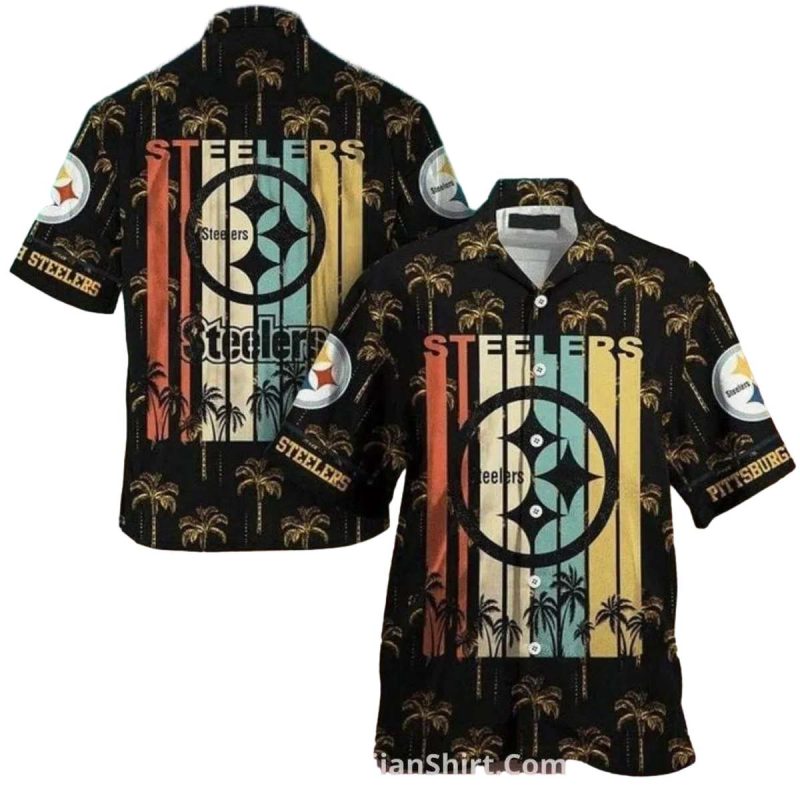 Pittsburgh Steelers Retro Palm Tree Sunset Design Hawaiian Shirt - Moonbestprint