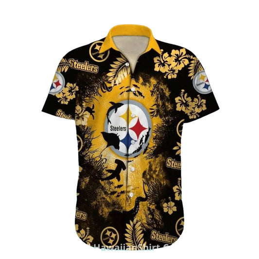 Pittsburgh Steelers Shark And Floral Black Gold Design Hawaiian Shirt - Moonbestprint
