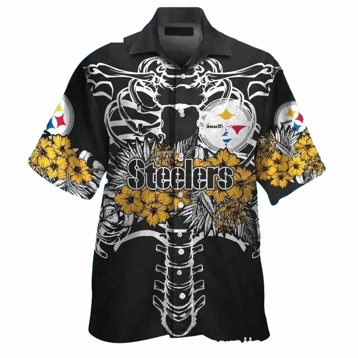 Pittsburgh Steelers Skeleton Black And White Floral Hawaiian Shirt - Moonbestprint