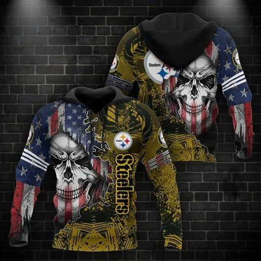Pittsburgh Steelers Skull American Flag 3D Hoodie, NFL Hoodie Moonbestprint