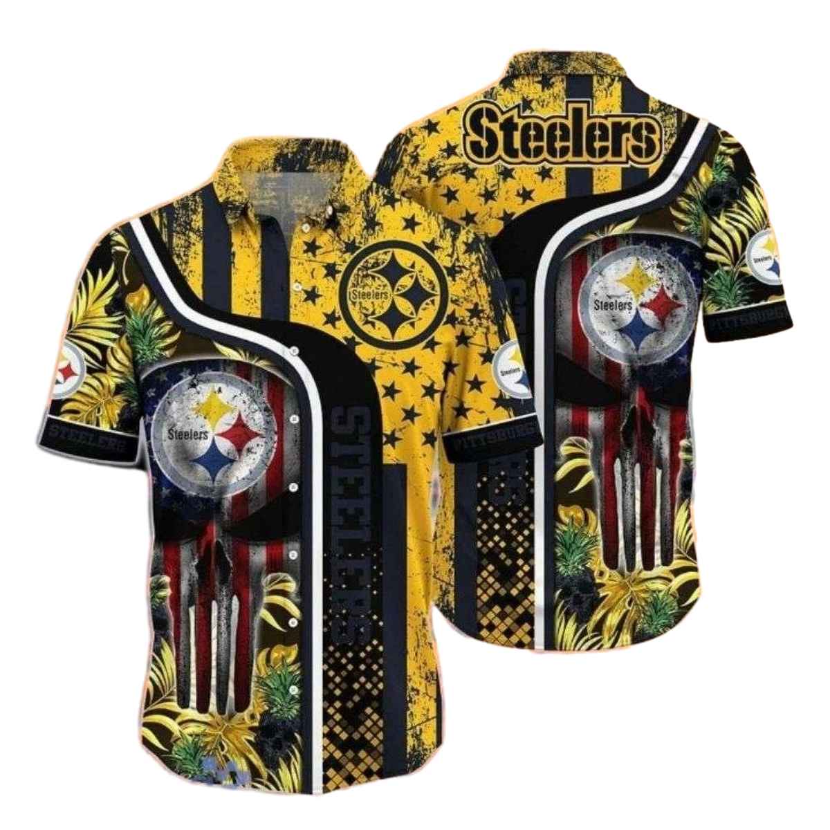 Pittsburgh Steelers Starry Night Palm Tropical Flag Skull Hawaiian Shirt - Moonbestprint