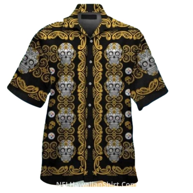 Pittsburgh Steelers Sugar Skull And Gold Pattern Hawaiian Shirt - Moonbestprint