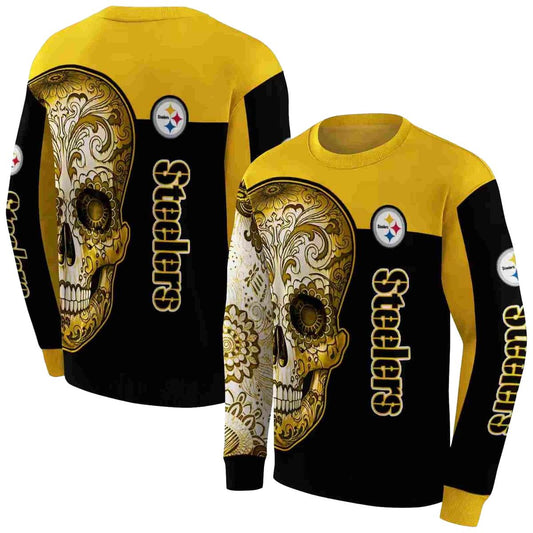 Pittsburgh Steelers Sugar Skull Gold Black AOP Sweatshirt - Moonbestprint