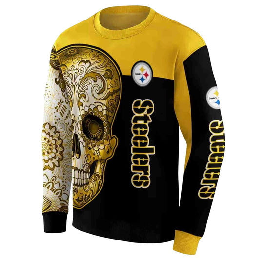 Pittsburgh Steelers Sugar Skull Gold Black AOP Sweatshirt - Moonbestprint