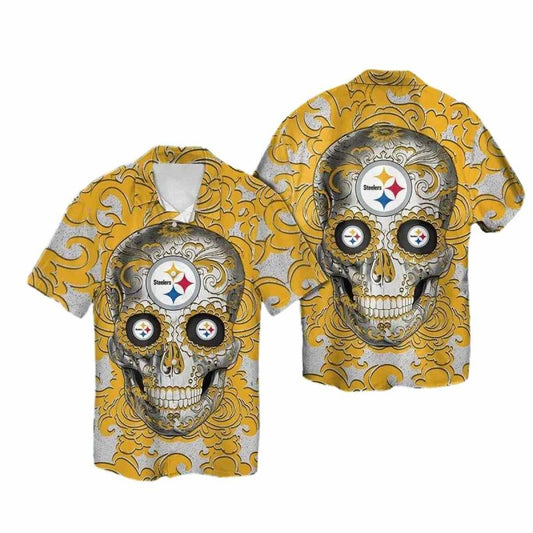 Pittsburgh Steelers Sugar Skull Yellow Hawaiian Shirt - Moonbestprint