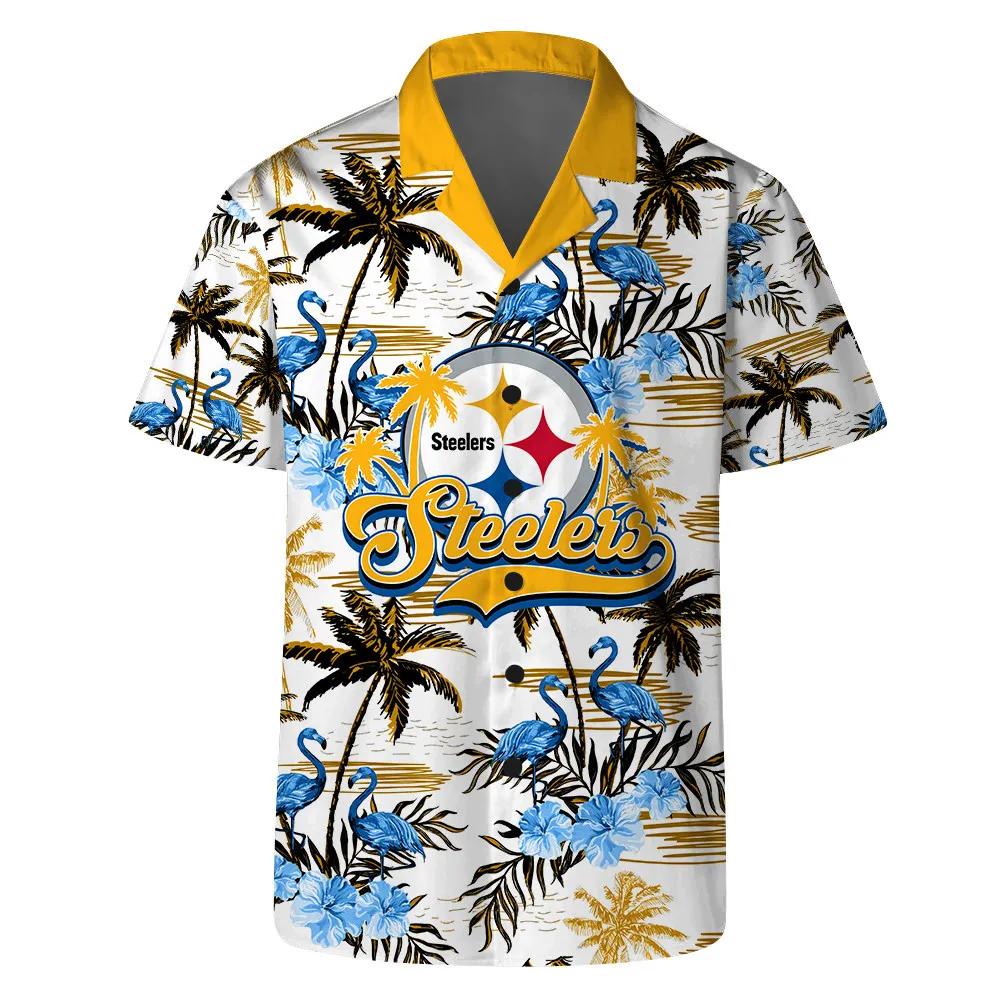 Pittsburgh Steelers Team Logo Pattern Flamingo Hibiscus Hawaiian Shirt, NFL Hawaiian Shirt Moonbestprint