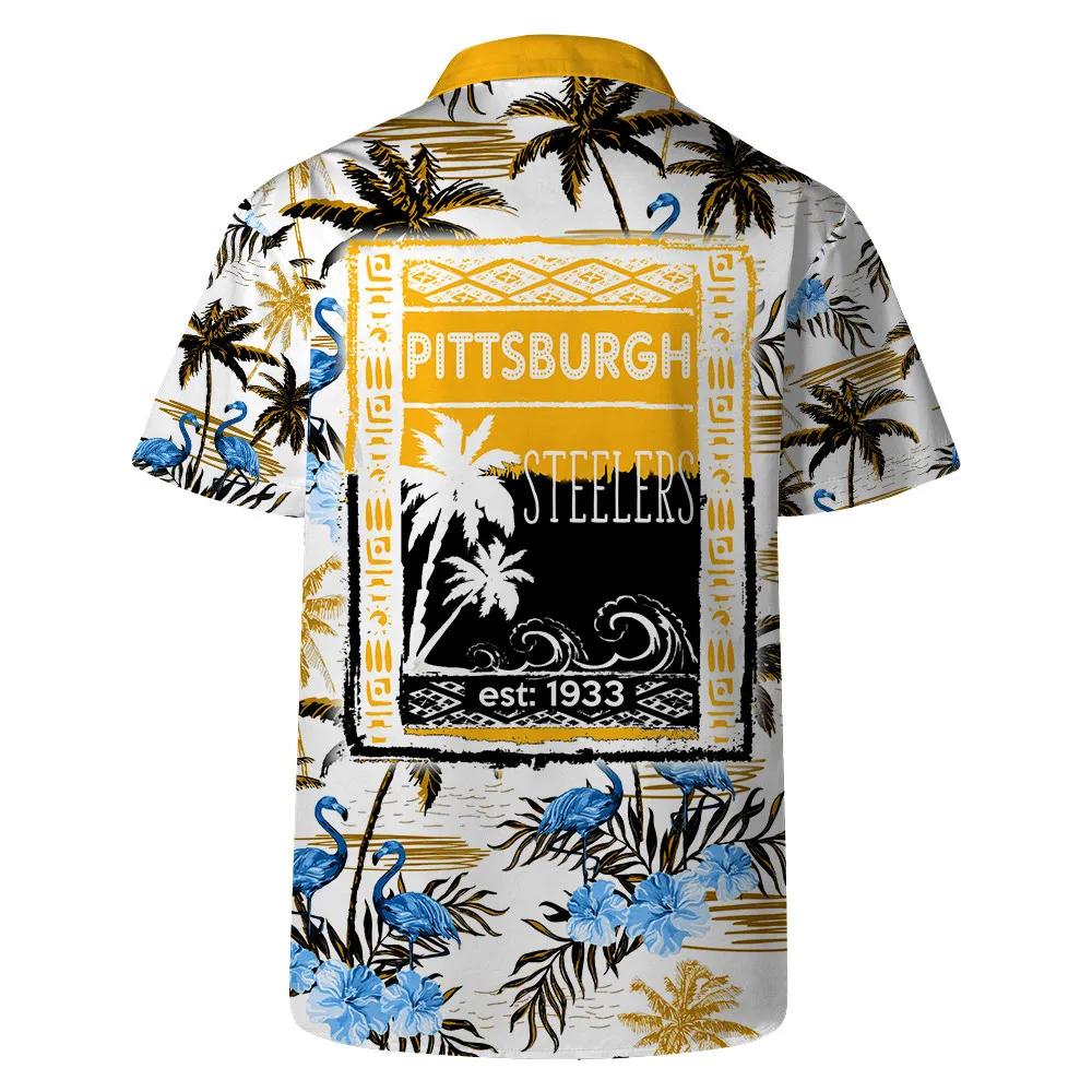 Pittsburgh Steelers Team Logo Pattern Flamingo Hibiscus Hawaiian Shirt, NFL Hawaiian Shirt Moonbestprint