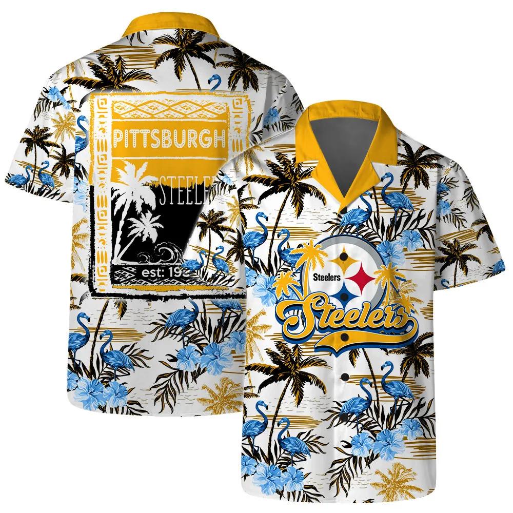 Pittsburgh Steelers Team Logo Pattern Flamingo Hibiscus Hawaiian Shirt, NFL Hawaiian Shirt Moonbestprint