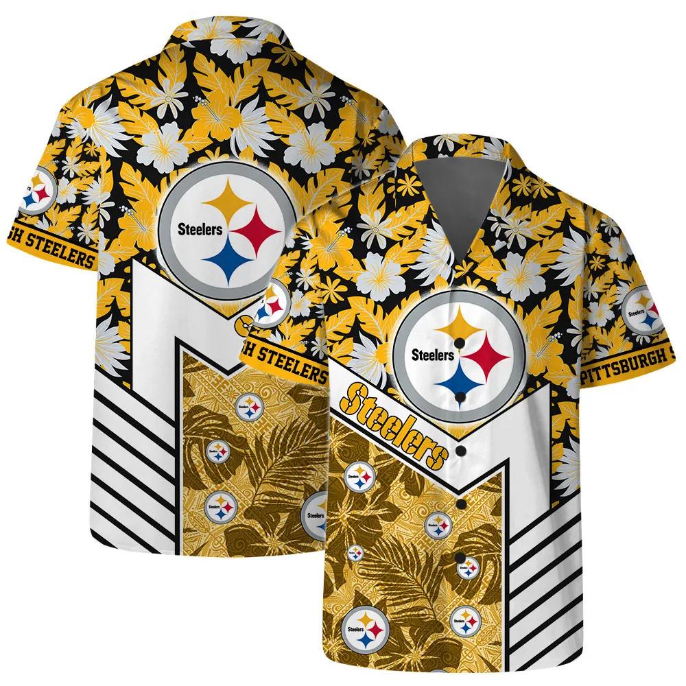 Pittsburgh Steelers Team Logo Pattern Hibiscus Flower Hawaiian Shirt, NFL Hawaiian Shirt Moonbestprint
