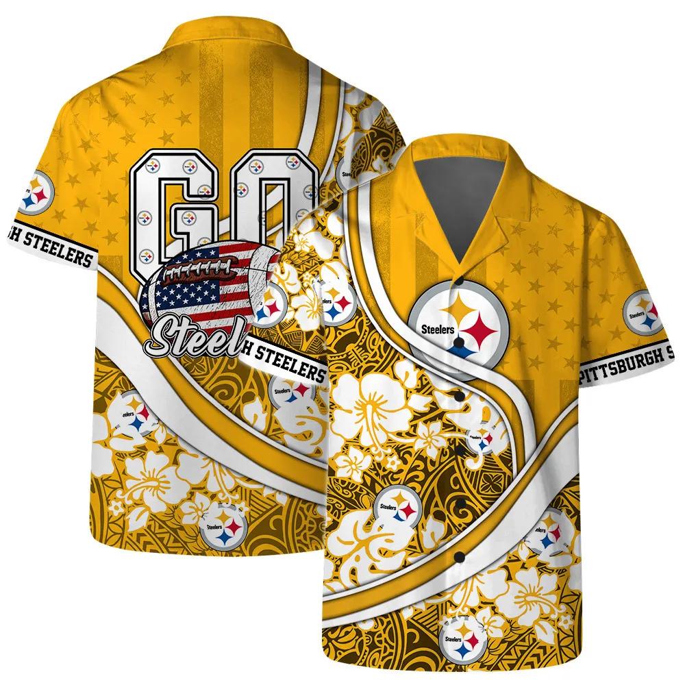 Pittsburgh Steelers Team Logo Pattern US Flag Hawaiian Shirt, NFL Hawaiian Shirt Moonbestprint