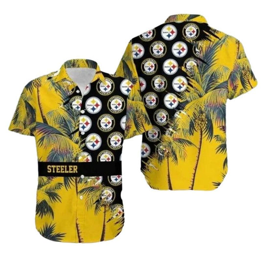 Pittsburgh Steelers Tropical Blitz Multi Logo Hawaiian Shirt - Moonbestprint