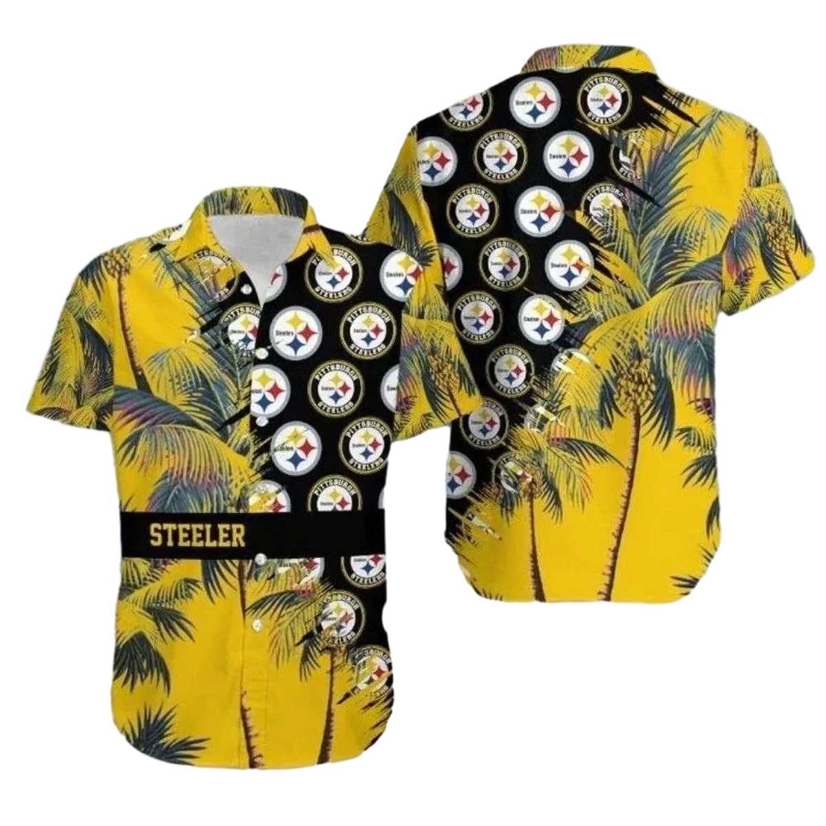 Pittsburgh Steelers Tropical Blitz Multi Logo Hawaiian Shirt - Moonbestprint