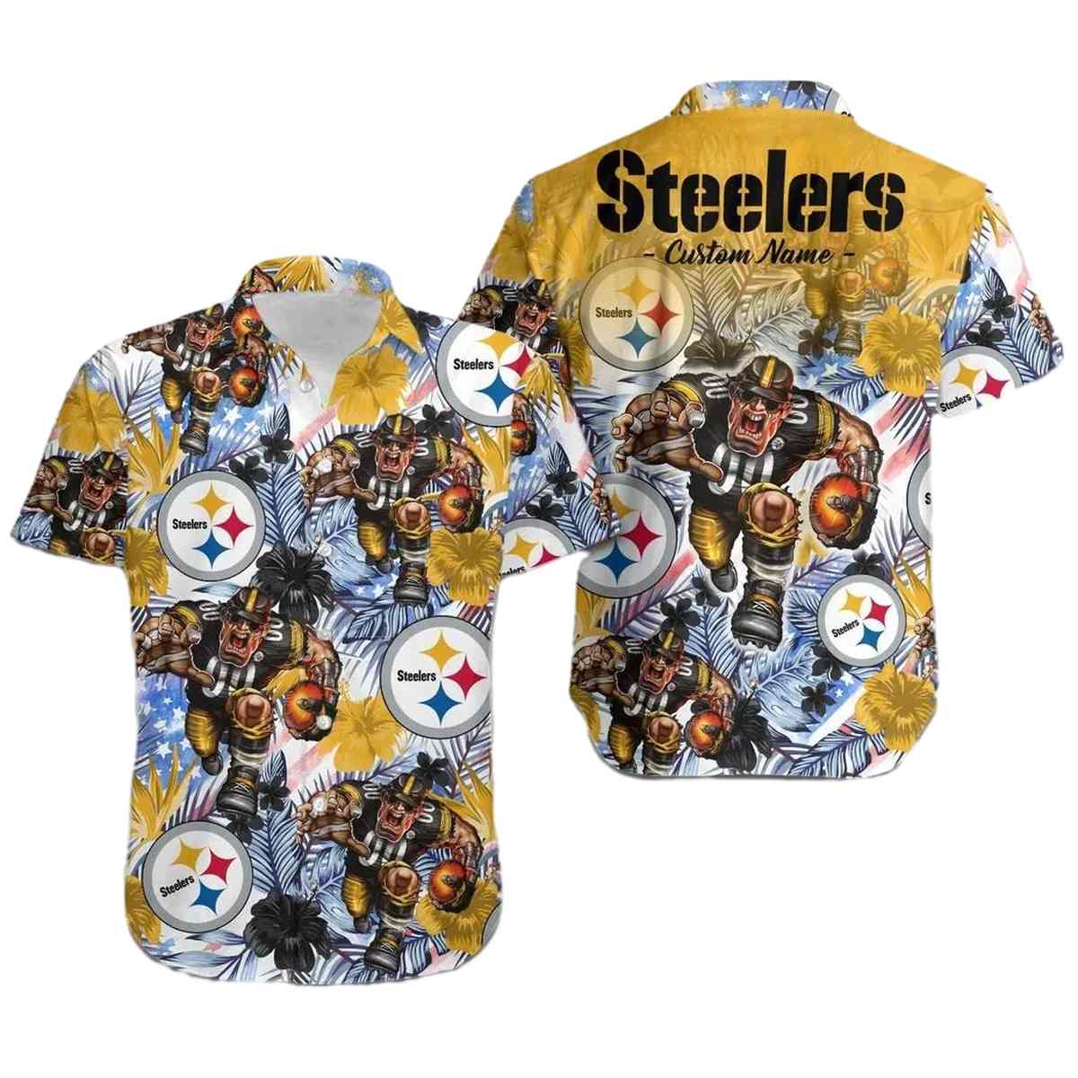 Pittsburgh Steelers Tropical Floral America Flag Mascot Hawaiian Shirt - Moonbestprint
