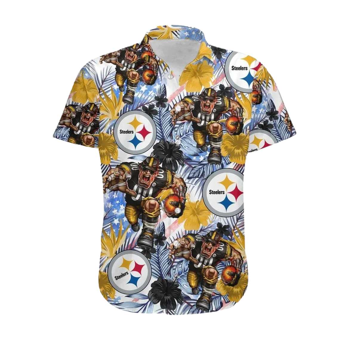 Pittsburgh Steelers Tropical Floral America Flag Mascot Hawaiian Shirt - Moonbestprint