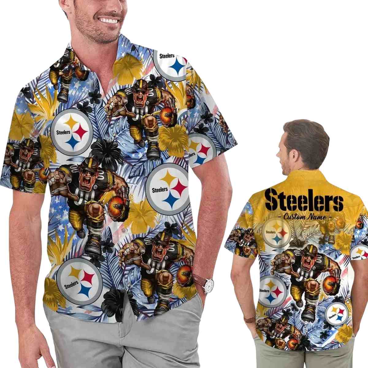 Pittsburgh Steelers Tropical Floral America Flag Mascot Hawaiian Shirt - Moonbestprint