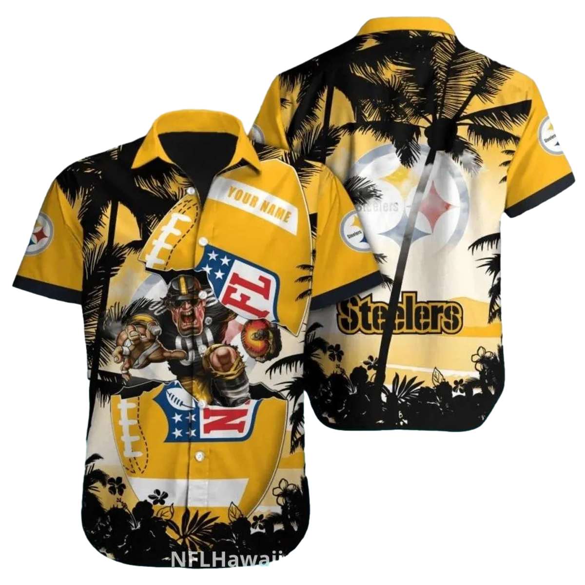 Pittsburgh Steelers Warrior And Palm Tree Theme Hawaiian Shirt - Moonbestprint