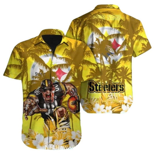 Pittsburgh Steelers Yellow Palm Trees And Mascot Hawaiian Shirt - Moonbestprint
