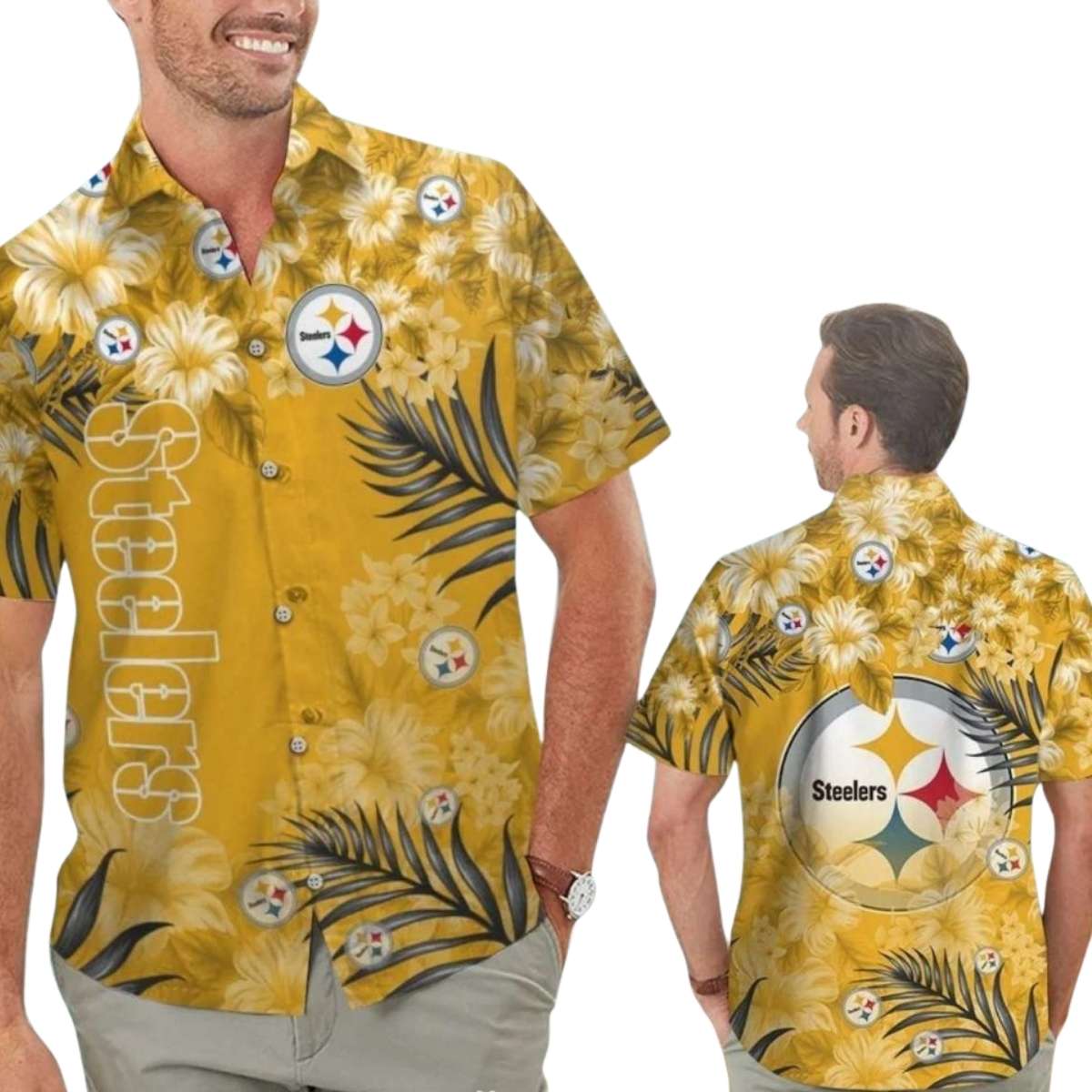 Pittsburgh Steelers Old With Large Hibiscus And Palms Leaves Hawaiian Shirt - Moonbestprint