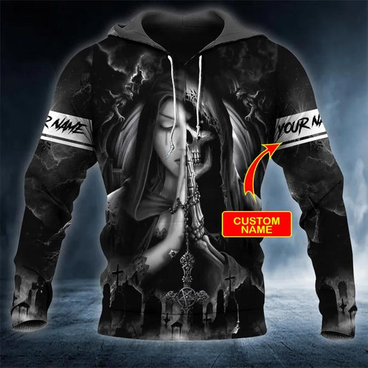 Praying Beauty n Grim Reaper Skull Custom 3D Hoodie Moonbestprint