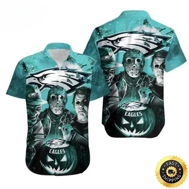 Pumpkin Freddy Jason Michael Myers Loves Philadelphia Eagles Hawaiian Shirt, NFL Hawaiian Shirt Moonbestprint