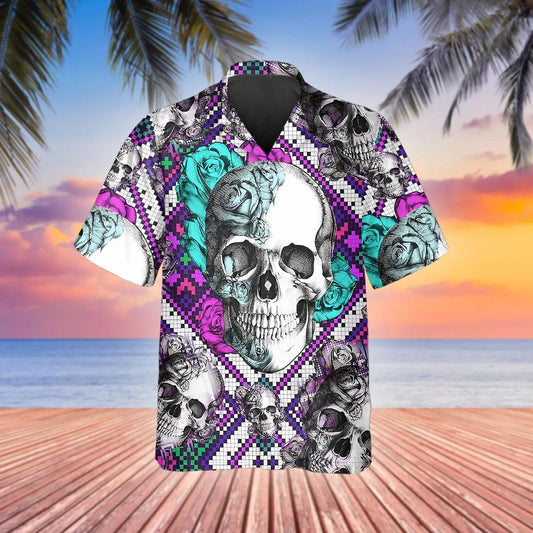 Purple And Teal Aztec Rose Skull Hawaiian Shirt, Hawaiian Button Up Shirt, Tropical Shirts For Men Moonbestprint