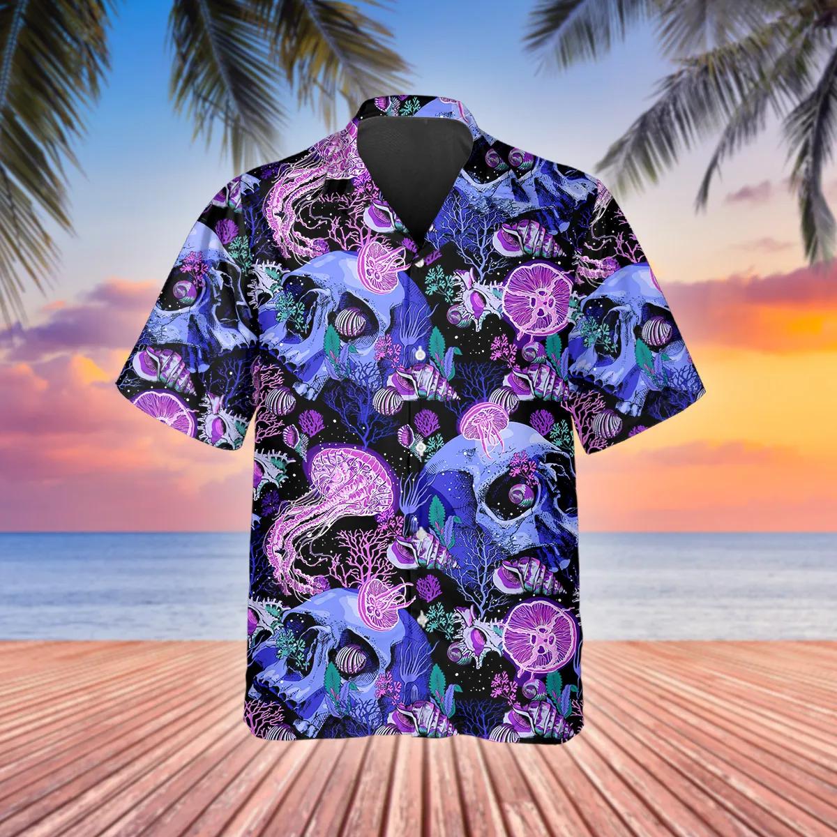 Purple Jellyfish Skull Hawaiian Shirt, Hawaiian Button Up Shirt, Tropical Shirts For Men Moonbestprint