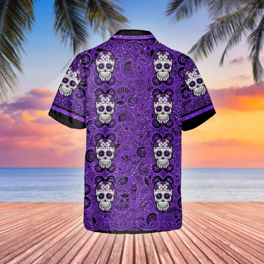 Purple Pattern Color Skull Hawaiian Shirt, Hawaiian Button Up Shirt, Tropical Shirts For Men Moonbestprint