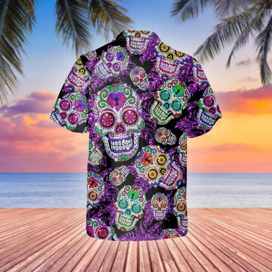 Purple Sugar Skull Hawaiian Shirt, Hawaiian Button Up Shirt, Tropical Shirts For Men Moonbestprint