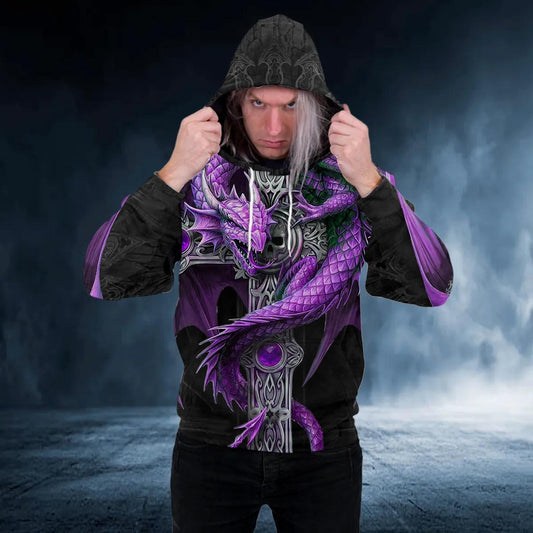 Purple Winged Dragon On Cross Sword Skull 3D Hoodie Moonbestprint