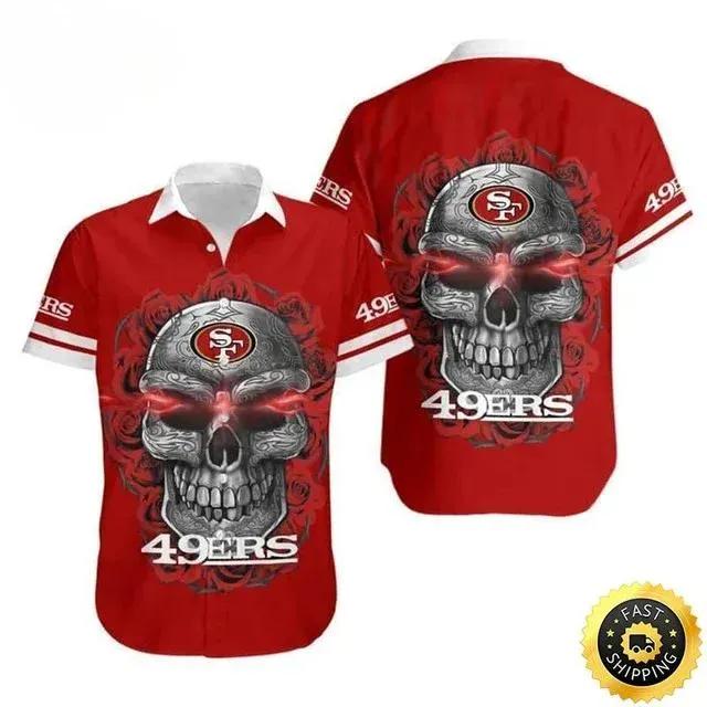 Red Aloha Sugar Skull San Francisco 49ers Hawaiian Shirt, NFL Hawaiian Shirt Moonbestprint